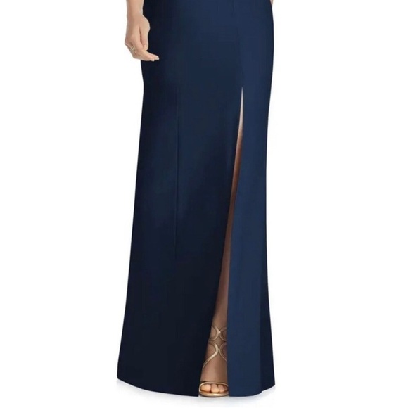 NWOT! Vivian Diamond Dessy Midnight Blue Cutaway Shoulder Column Gown - Size 0 - Picture 3 of 8